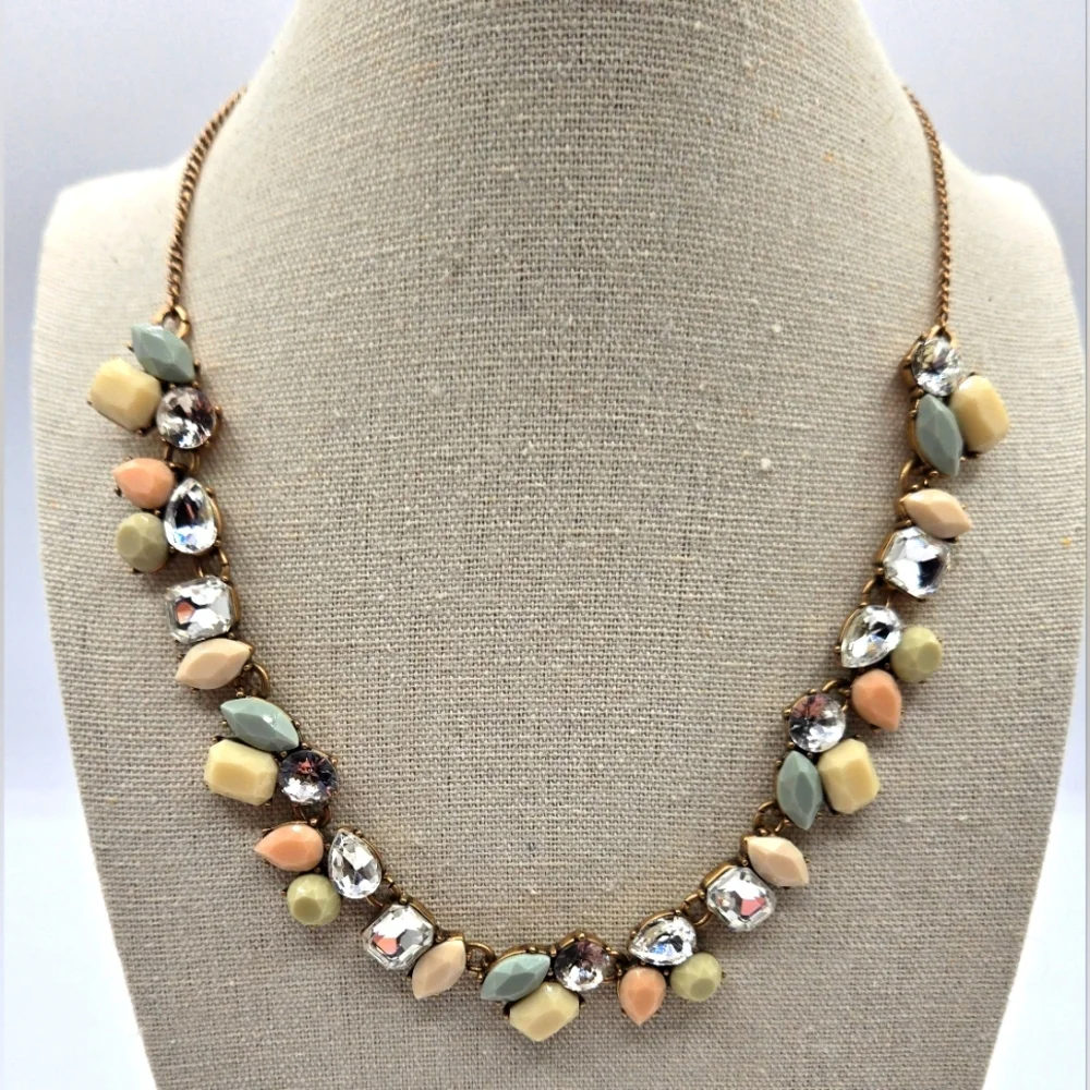 J. CREW VIntage Statement Necklace Faux Pastel Stones Rhinestones Gold Tone